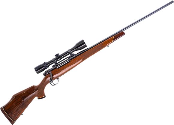 Used Weatherby Mark V Deluxe Bolt-Action Rifle - 30-06 Sprg, 24" Barrel, Blued, Wood Stock, Bushnell Scopechief IV 4x40 Riflescope - Very Good Condition