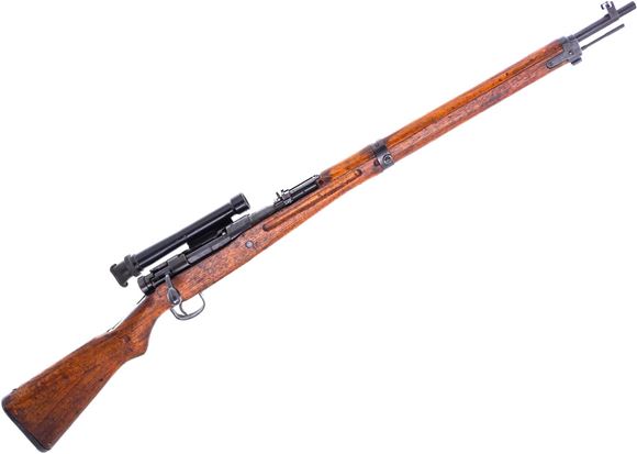 Used Arisaka Type 99 Bolt-Action Sniper Rifle, Converted To 30-06 Sprg, 25.5" Barrel, Full Military Wood Stock, 4X Riflescope - Nagoya Mfg, Chrysanthemum Crossed Out, Numbers Matching Except Scope, Good Condition