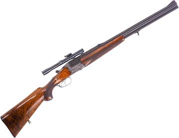 Used Franz Sodia Over-Under Combination Gun, 6.5x57R/24Ga, 2.5", 22" Barrel, Wood Stock, Khales Mignon 2.5x Riflescope - Claw Mounts, Double Trigger, Engraved Receiver, Fixed Full Choke, Repaired Crack In Forend, Good Condition