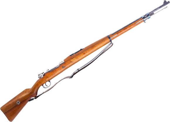 Used Mauser Model 1908 Brazilian Contract Bolt-Action Rifle - 7x57, 29.5" Barrel, Full Miliitary Wood Stock, Matching Numbers, Matching Bayonet, Framed Original Test Target, Leather Sling, Muzzle Cap, Very Good Condition