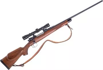 Used Custom Mauser 1908 Bolt-Action rifle, 6mm Rem, 24" Barrel, Blued, Custom Wood Stock, Leupold Vari-X II 2-7x33 Riflescope, Leather Sling, Very Good Condition