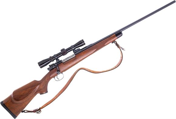 Used Custom Mauser 1908 Bolt-Action rifle, 6mm Rem, 24" Barrel, Blued, Custom Wood Stock, Leupold Vari-X II 2-7x33 Riflescope, Leather Sling, Very Good Condition