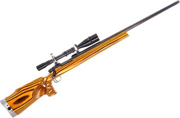 Used Winchester Model 70 Bolt-Action 7mm Gibbs, 28" Heavy Barrel, With 10x Unertl Scope, Pre 64 Action - Single-Shot, Laminate Thumbhole Target Stock, Barrel Finish Worn, Otherwise Good Condition