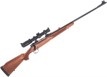 Used Winchester Model 70 Alaskan Bolt-Action Rifle - 338 Win Mag, 25", Brushed Polish, Satin Grade I Walnut Monte Carlo Stock, 3rds, Hooded Gold Bead Front & Folding Adjustable Rear Sights, Leupold VX-6 1-6 Scope, Illuminated Circle/Dot Reticle, Excel
