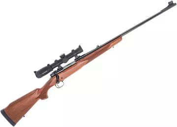 Used Winchester Model 70 Alaskan Bolt-Action Rifle - 338 Win Mag, 25", Brushed Polish, Satin Grade I Walnut Monte Carlo Stock, 3rds, Hooded Gold Bead Front & Folding Adjustable Rear Sights, Leupold VX-6 1-6 Scope, Illuminated Circle/Dot Reticle, Excel